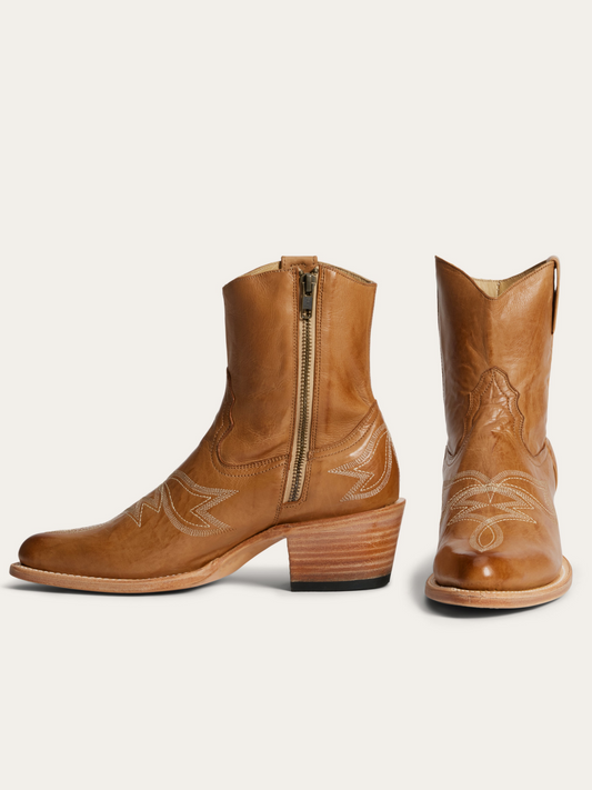 Tan Almond-Toe Full-Zip Embroidery Mid Calf Cowgirl Boots