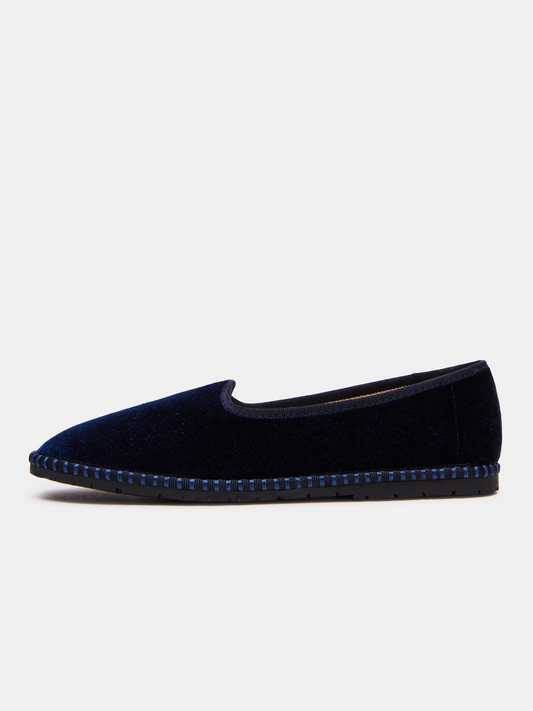 Velvet Round-Toe Slip-On Soft Loafer Flats - Navy Blue