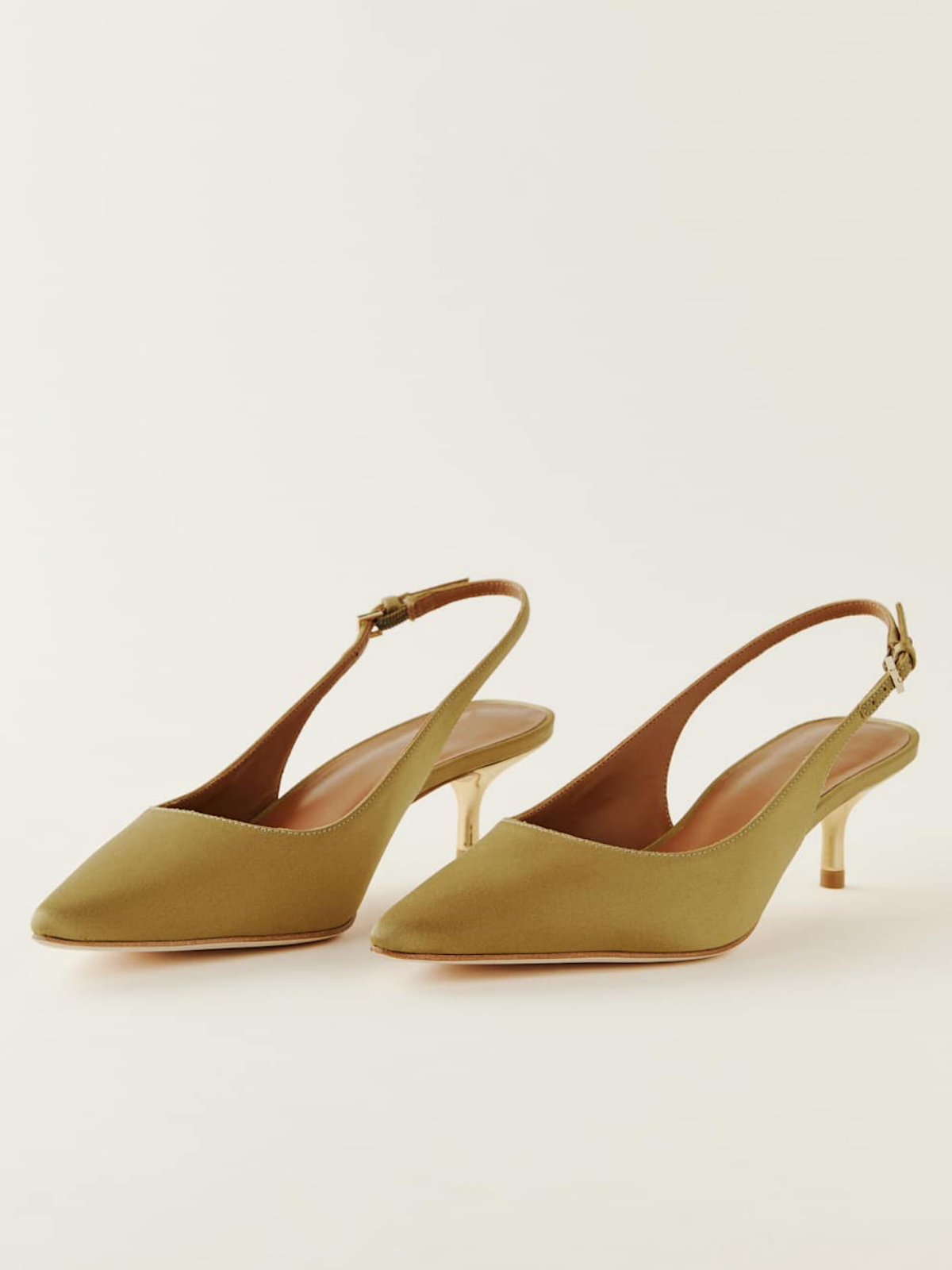 Green Satin Pointed-Toe Slingback Pump Kitten Heels