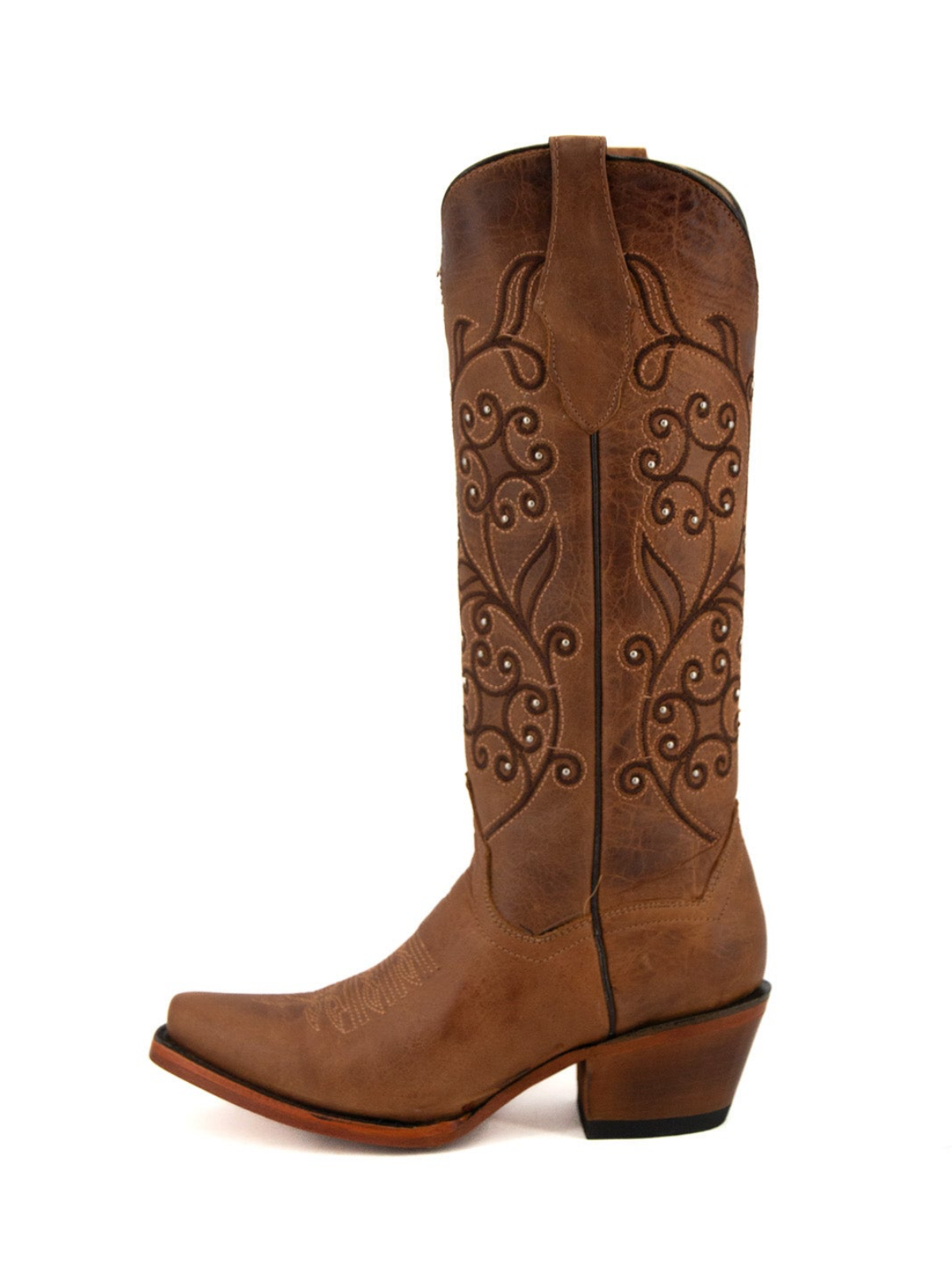 Dark Brown Studded Floral Embroidery Snip-Toe Wide Mid Calf Cowgirl Boots