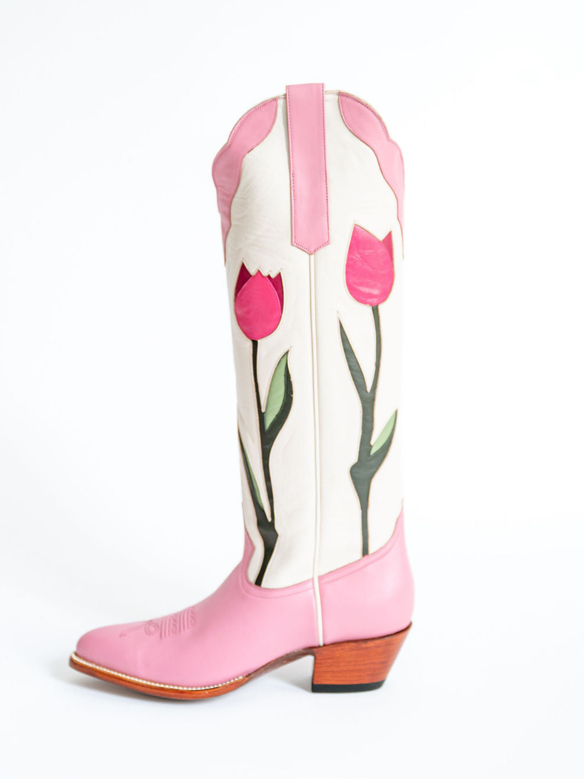 Contrast Pink And Ivory Almond-Toe Tulip Inlay Wide Calf Knee High Cowgirl Boots