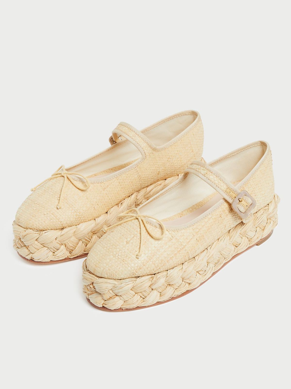 Beige Almond-Toe Adjustable Bridge Strap Bow Espadrille Mary Janes Flats