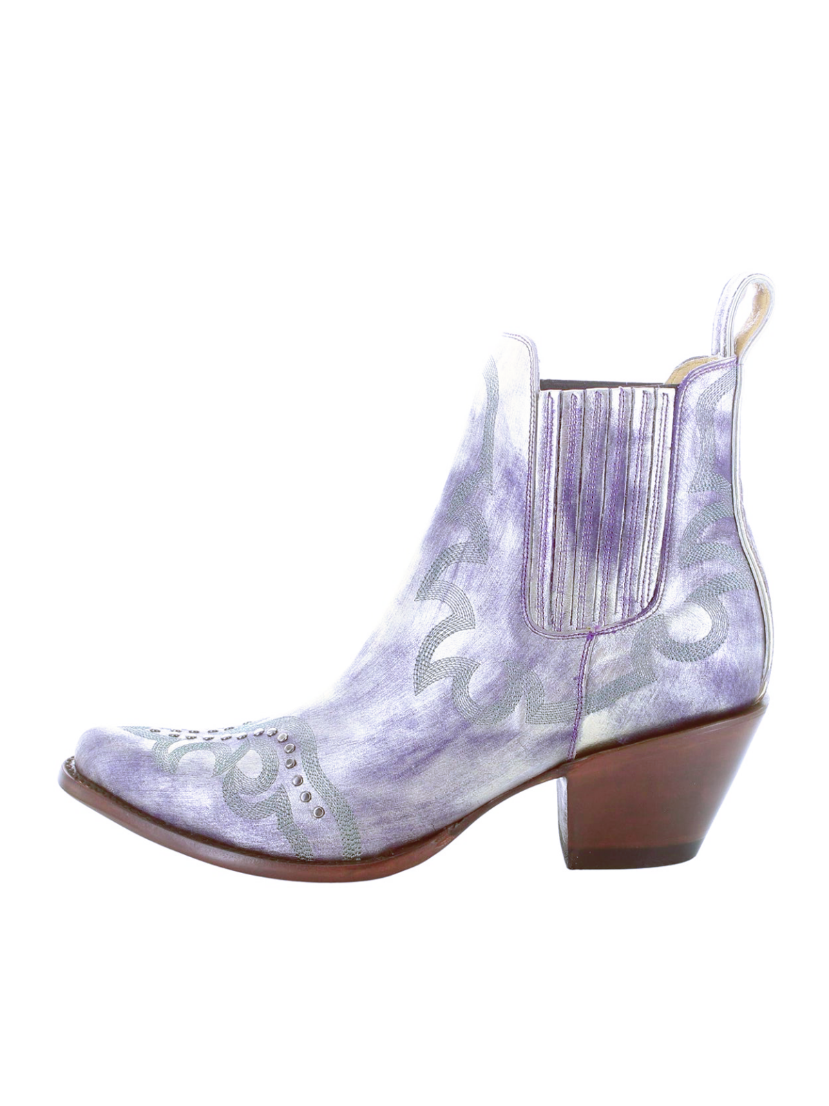 Metallic Almond-Toe Studded Embroidery Wide Mid Calf Cowgirl Boots - Lavender