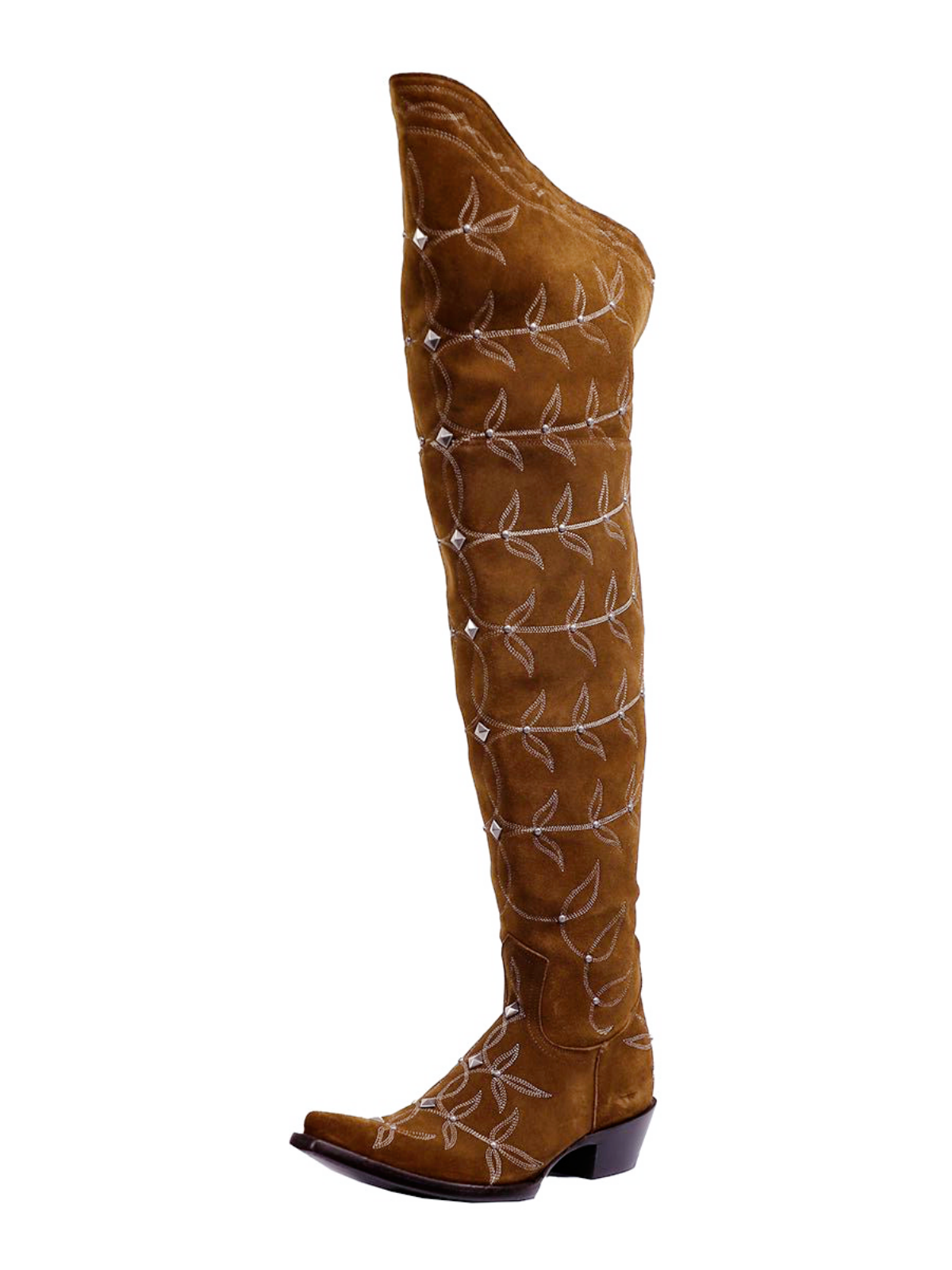 Brown Faux Suede Snip-Toe Studded Leaf Embroidery Half-Zip Over-The-Knee Cowgirl Boots