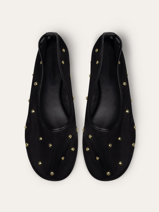 Black Mesh Round-Toe Ballet Flats With Gold Studs