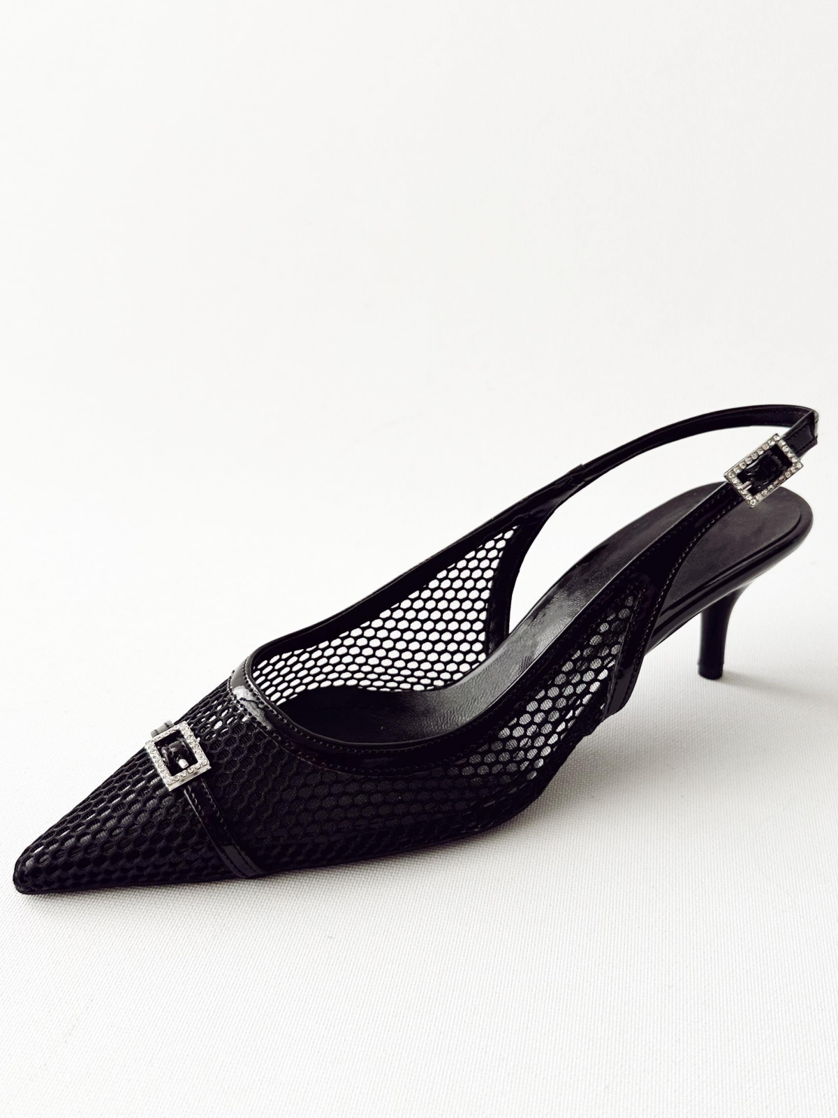 Black Fishnet Rhinestone Buckled Strap Kitten Heels Slingback Pumps