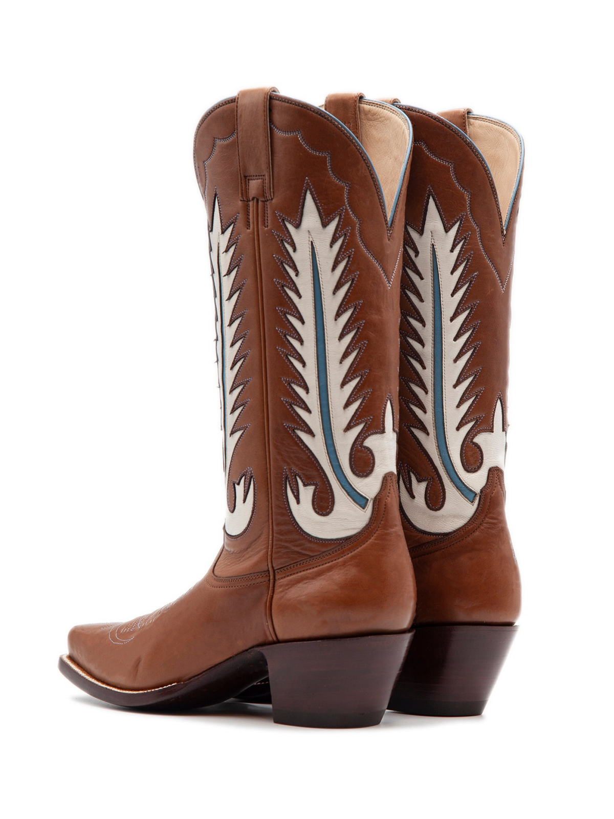 Caramel Brown Snip-Toe White Feather Inlay Wide Mid Calf Tall Cowgirl Boots