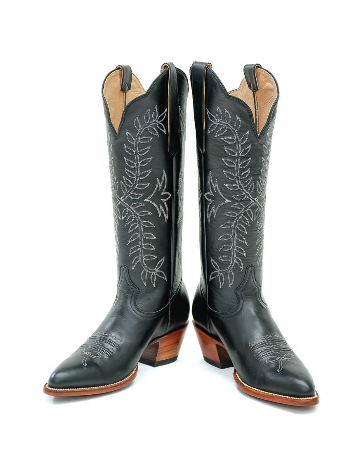 Black Almond-Toe Classic Leaves Embroidery Wide Mid Calf Cowgirl Boots