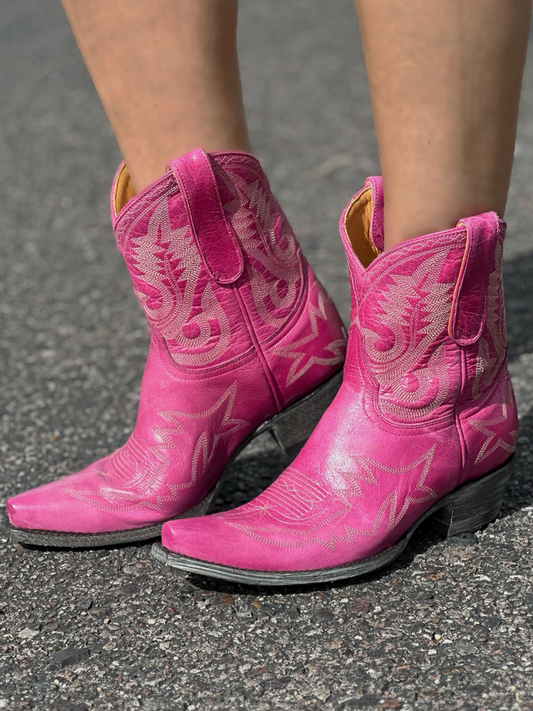 Metallic Snip-Toe Embroidery Wide Mid Calf Short Cowgirl Boots - Hot Pink