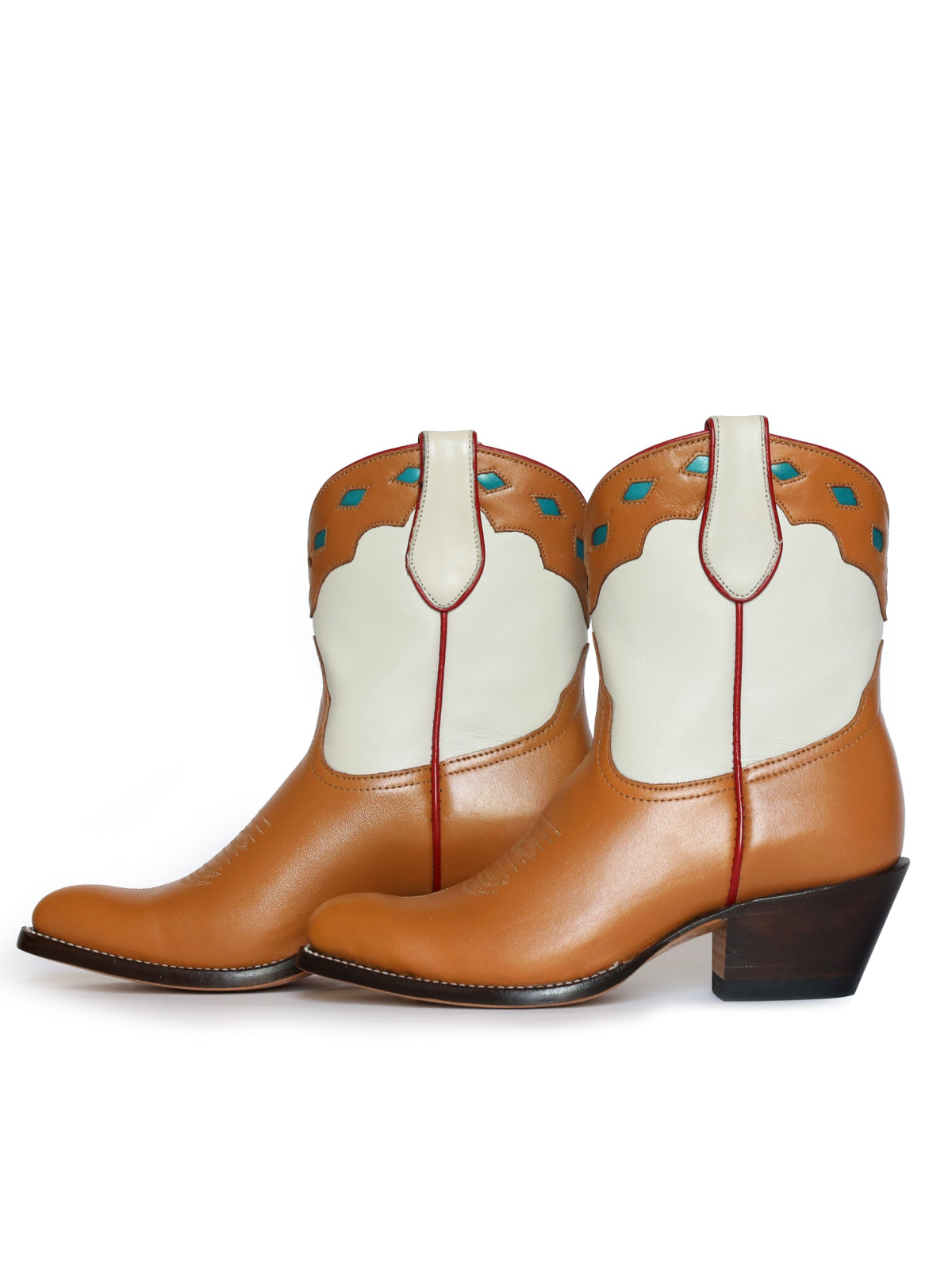 Contrast Orange Brown And White Inlay Round-Toe Wide Mid Calf Cowgirl Boots