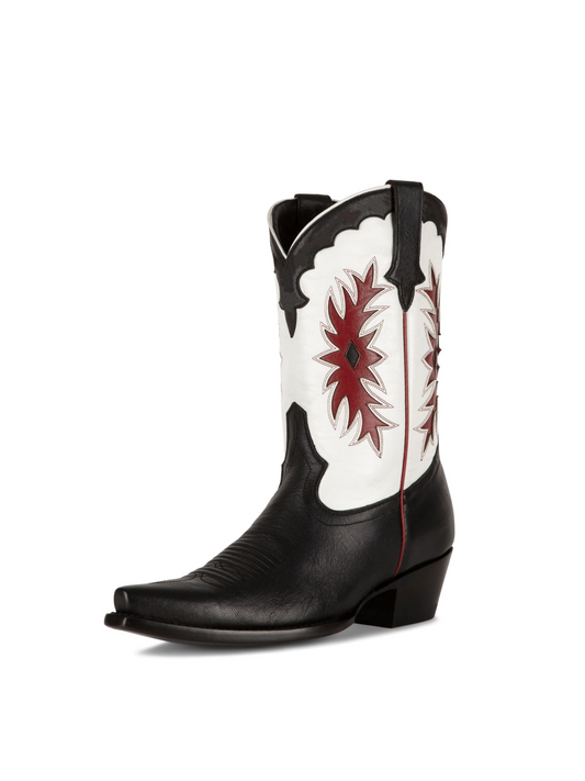 Contrast Black And White Inlay Snip-Toe Slip-On Mid Calf Cowgirl Boots