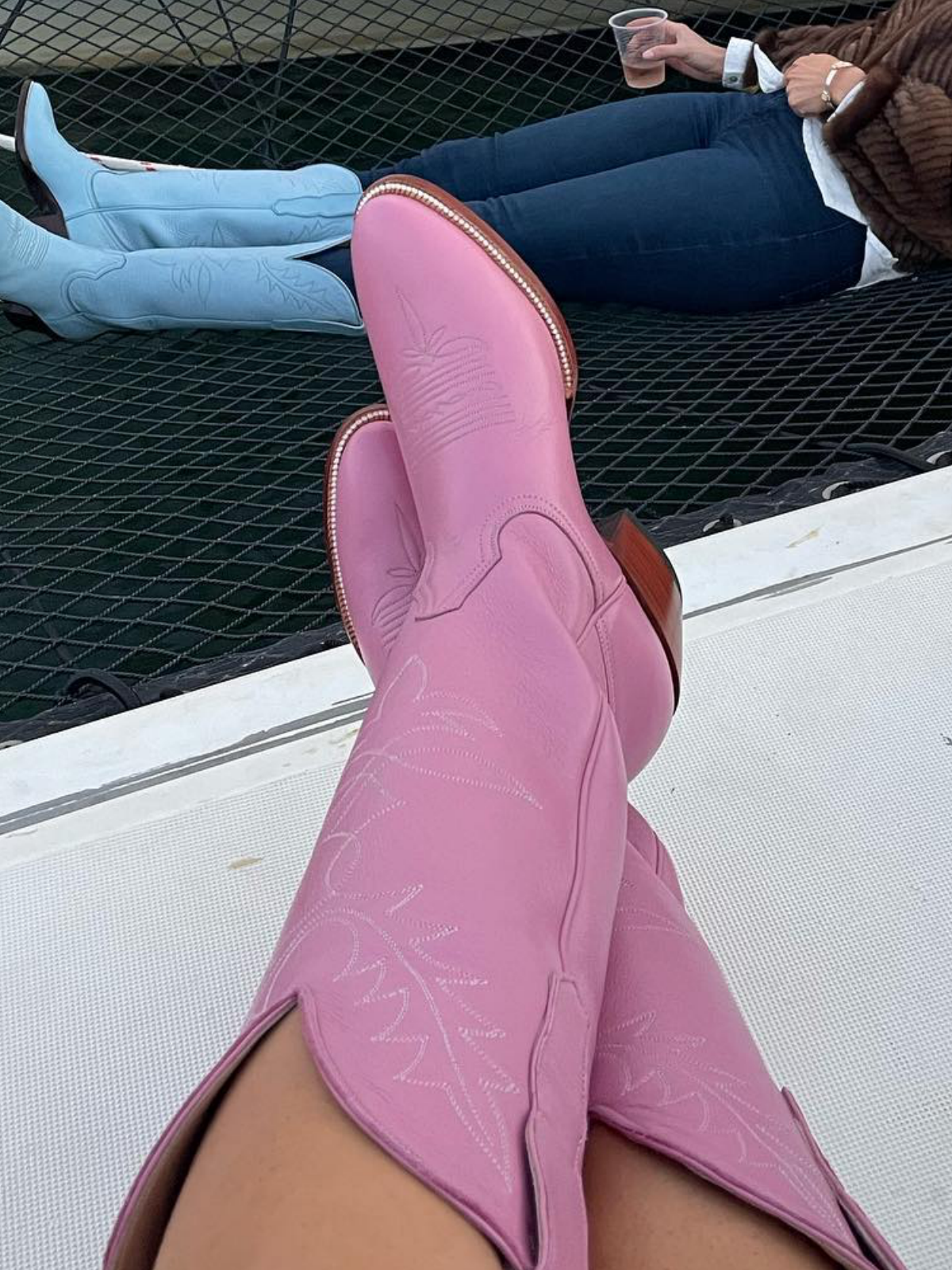 Pink Vegan Leather Embroidery Almond-Toe Wide Mid Calf Tall Cowgirl Boots