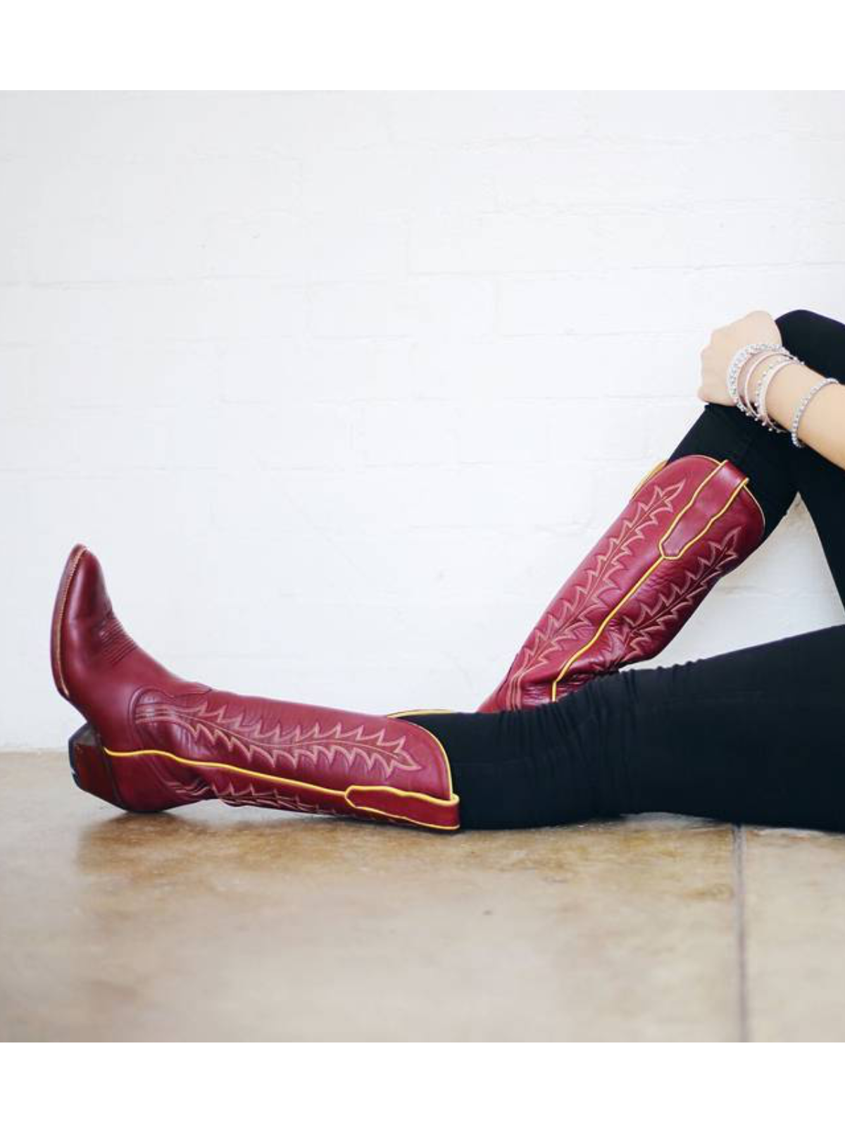 Brick Red Vegan Leather Embroidery Almond-Toe Wide Mid Calf Tall Cowgirl Boots