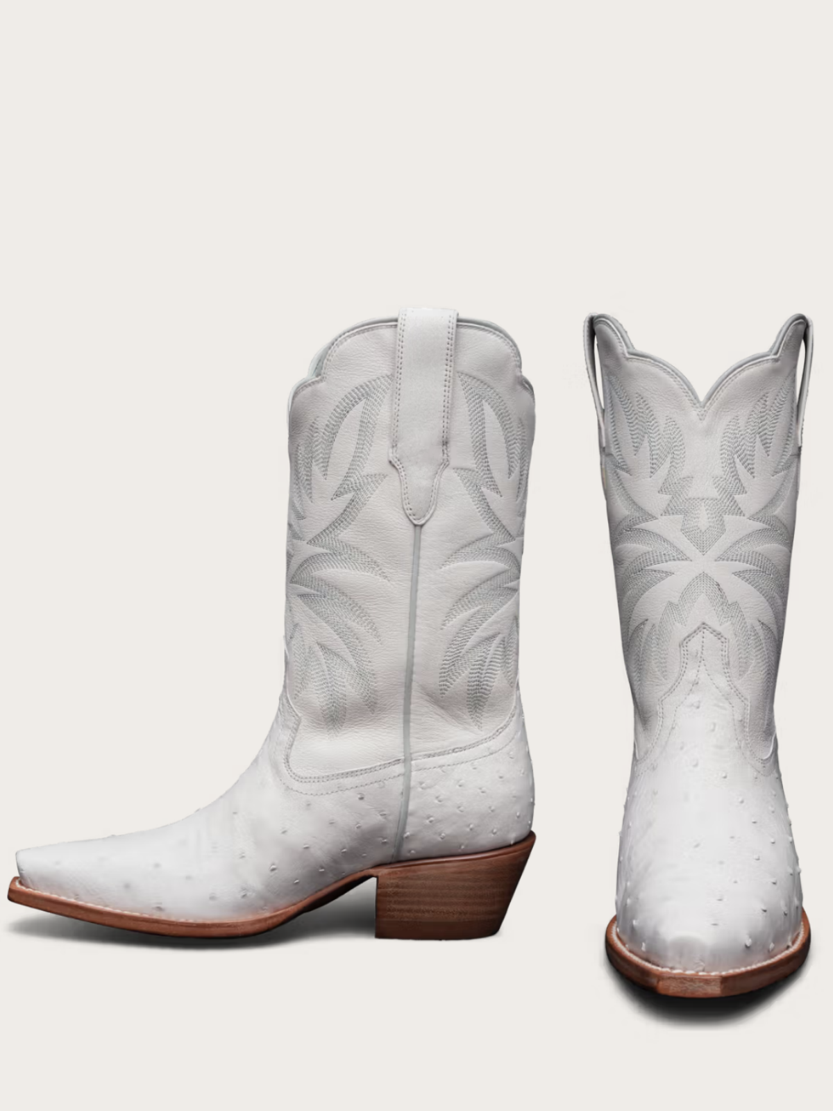 Retro Embroidery Snip-Toe Ostrich Print Vegan Leather Vamp Wide Mid Calf Cowgirl Boots - White