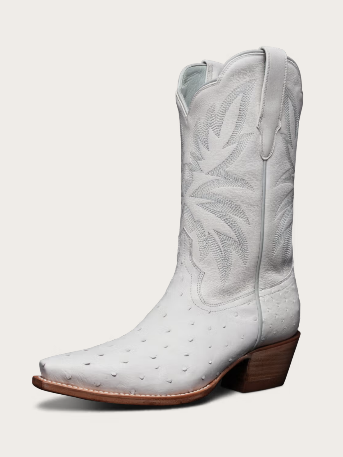 Retro Embroidery Snip-Toe Ostrich Print Vegan Leather Vamp Wide Mid Calf Cowgirl Boots - White