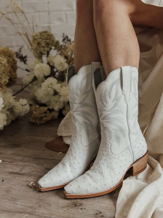 Retro Embroidery Snip-Toe Ostrich Print Vegan Leather Vamp Wide Mid Calf Cowgirl Boots - White