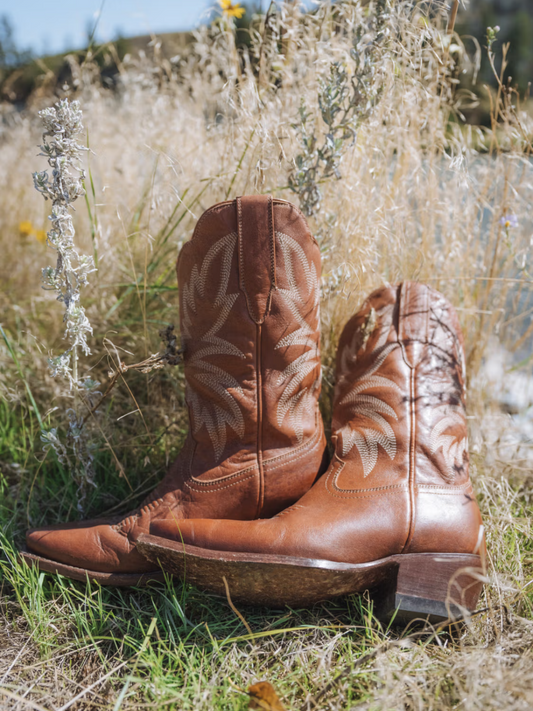 Retro Embroidery Snip-Toe Wide Mid Calf Cowgirl Boots - Brown