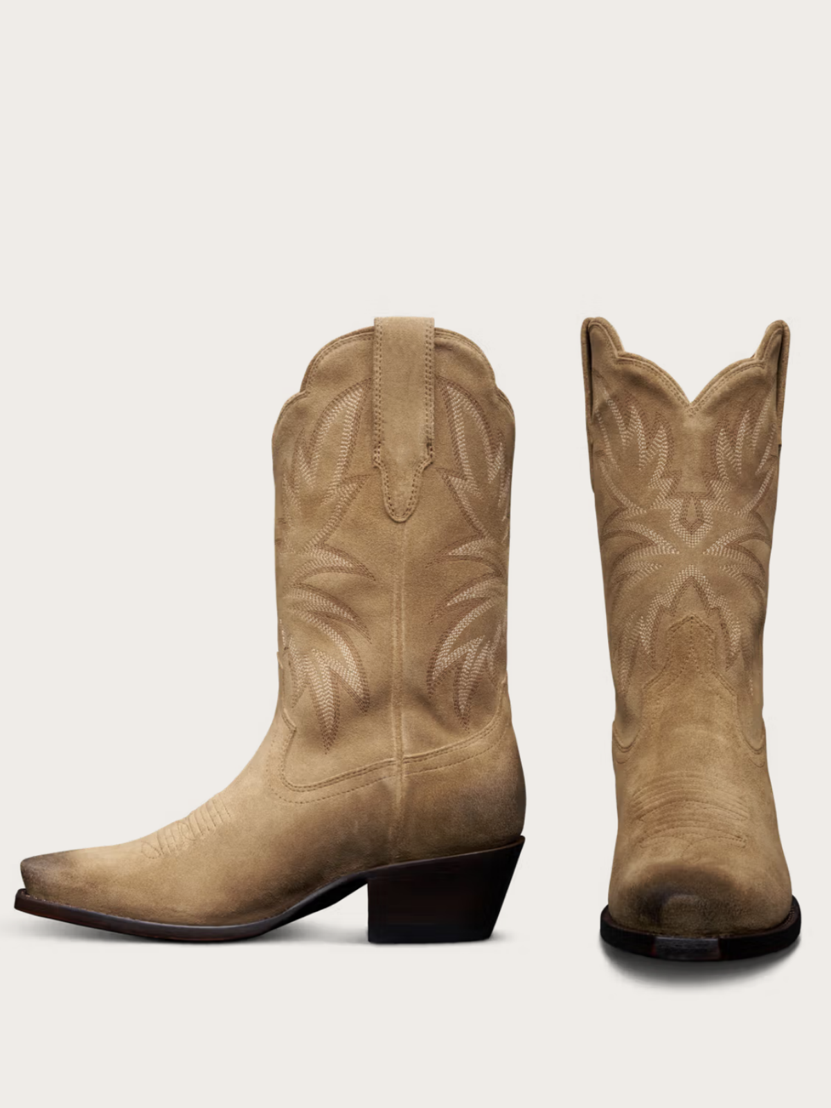 Retro Embroidery Snip-Toe Wide Mid Calf Cowgirl Boots - Tan Faux Suede