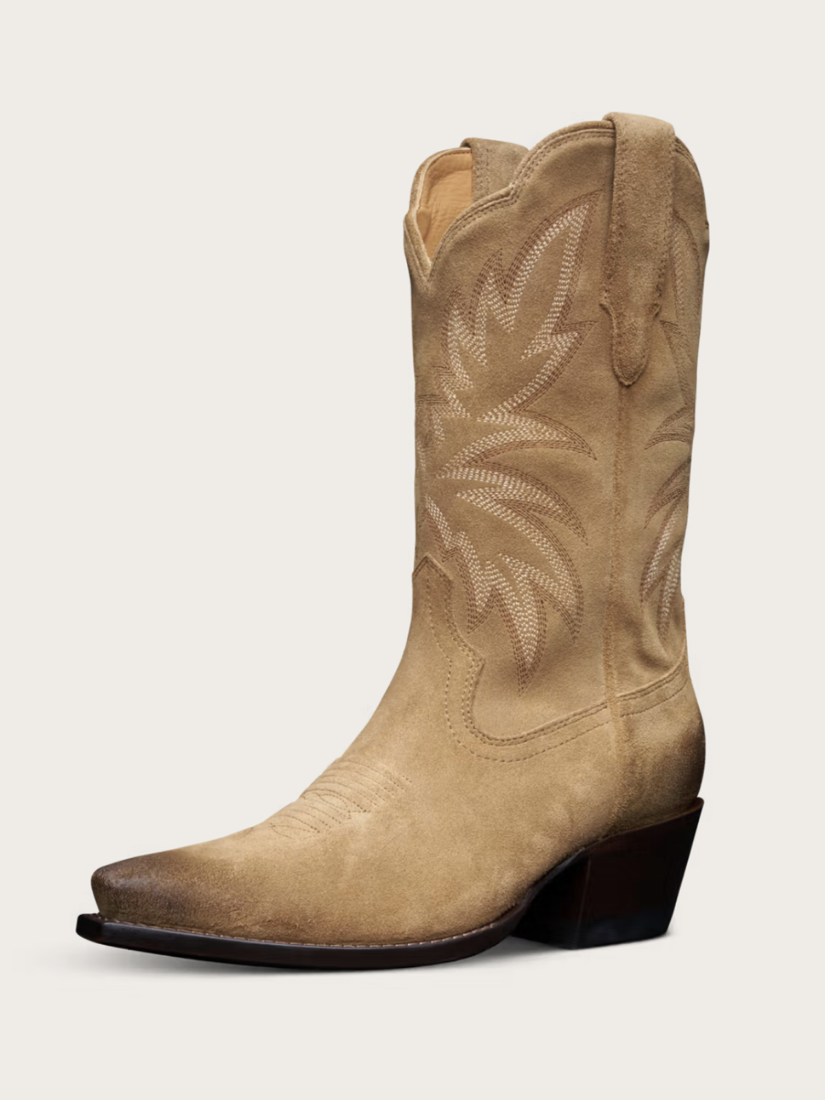 Retro Embroidery Snip-Toe Wide Mid Calf Cowgirl Boots - Tan Faux Suede