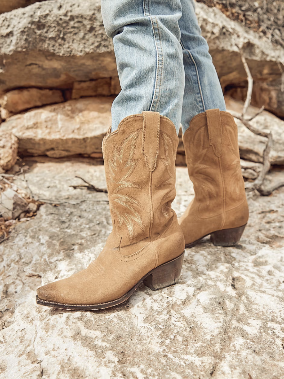 Retro Embroidery Snip-Toe Wide Mid Calf Cowgirl Boots - Tan Faux Suede