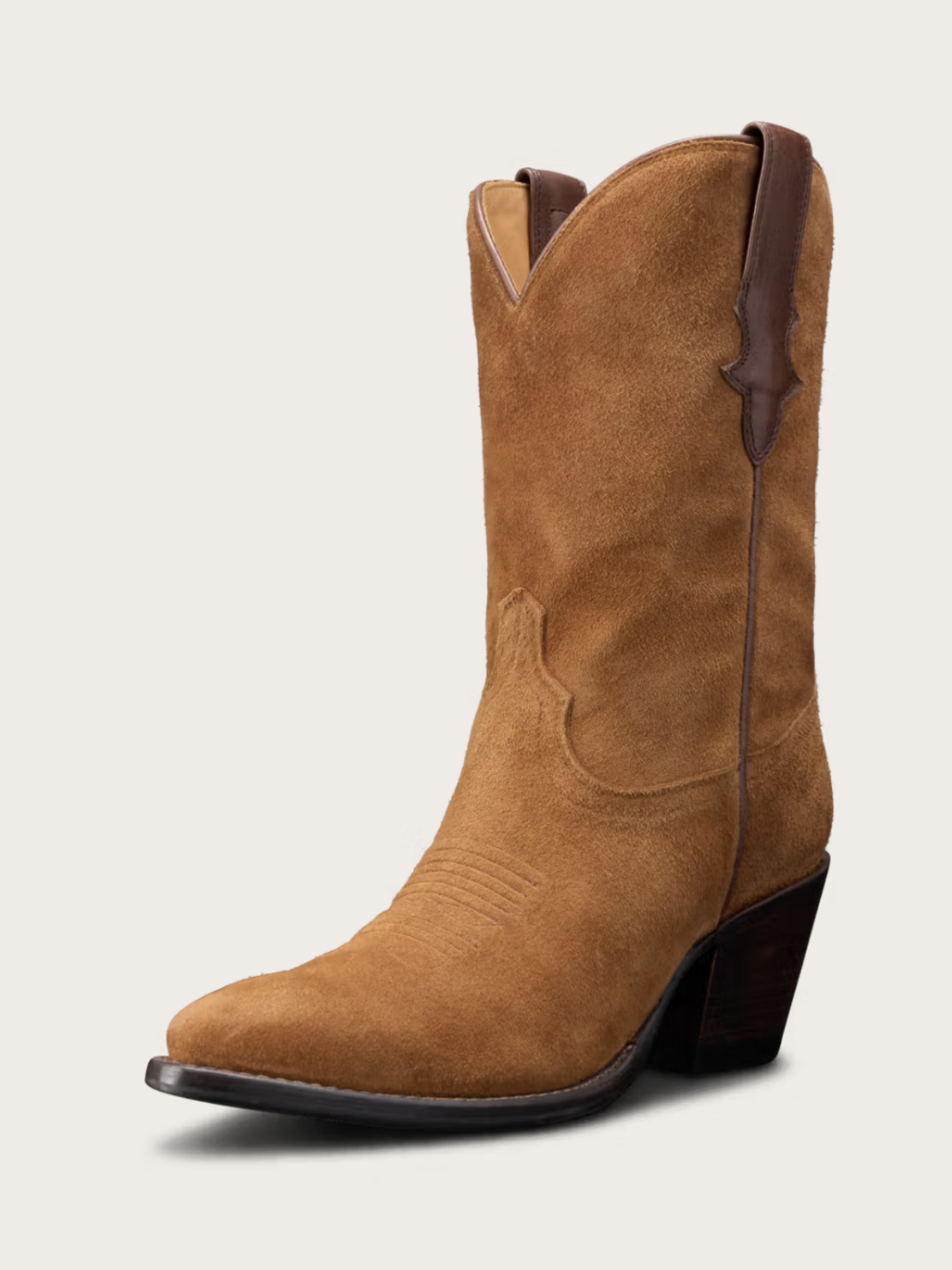 Honey Faux Suede Almond-Toe Vegan Leather Pull-Tab Wide Mid Calf Cowgirl Boots