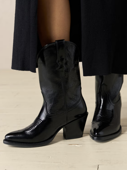 Black Patent Almond-Toe Wide Mid Calf Cowgirl Boots