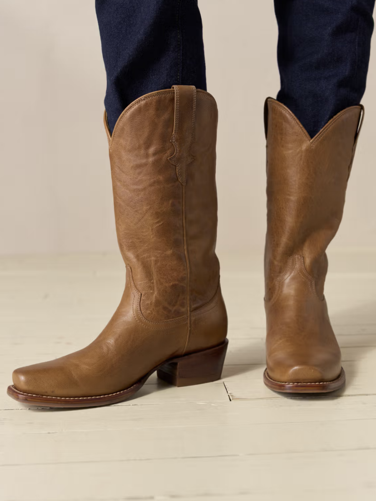 Tan Square-Toe Western Wide Mid Calf Cowgirl Boots