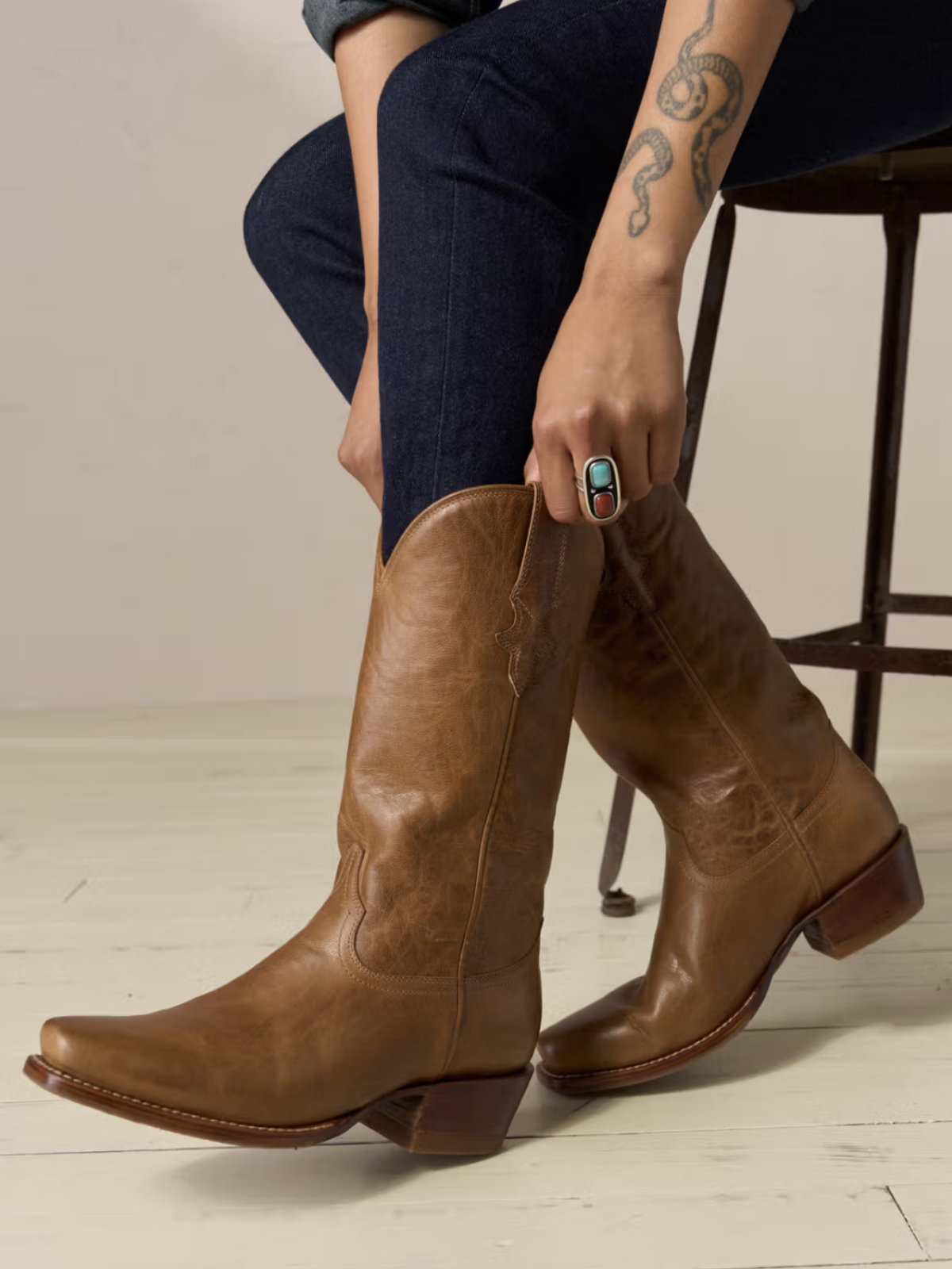 Tan Square-Toe Western Wide Mid Calf Cowgirl Boots