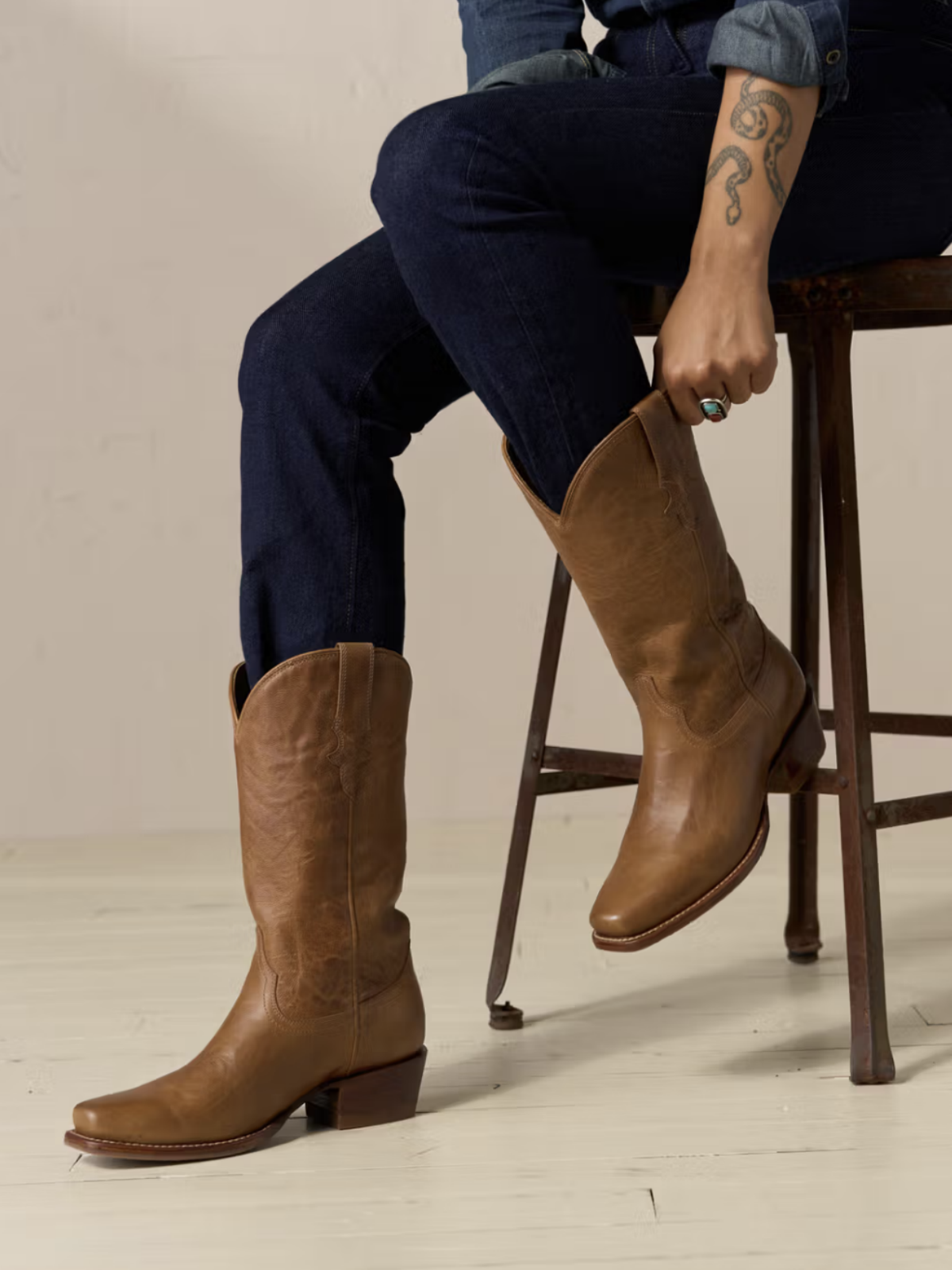 Tan Square-Toe Western Wide Mid Calf Cowgirl Boots