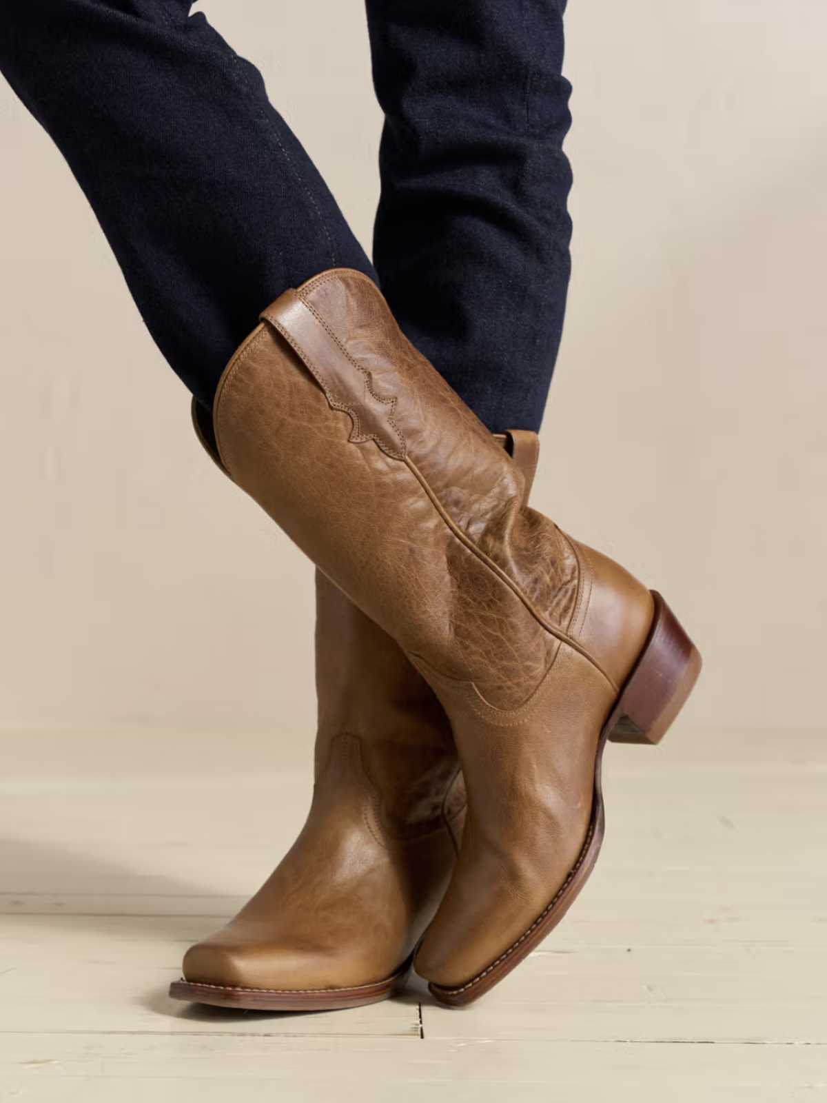 Tan Square-Toe Western Wide Mid Calf Cowgirl Boots