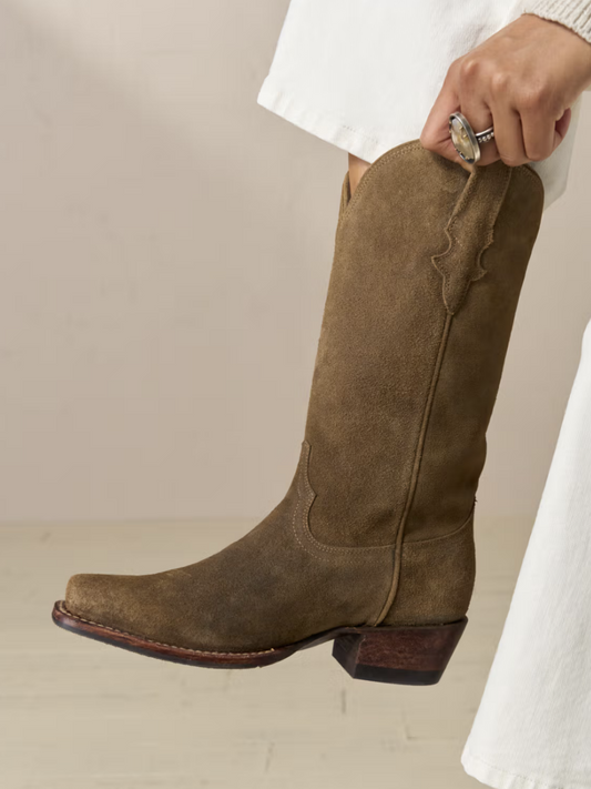 Taupe Faux Suede Square-Toe Western Wide Mid Calf Cowgirl Boots