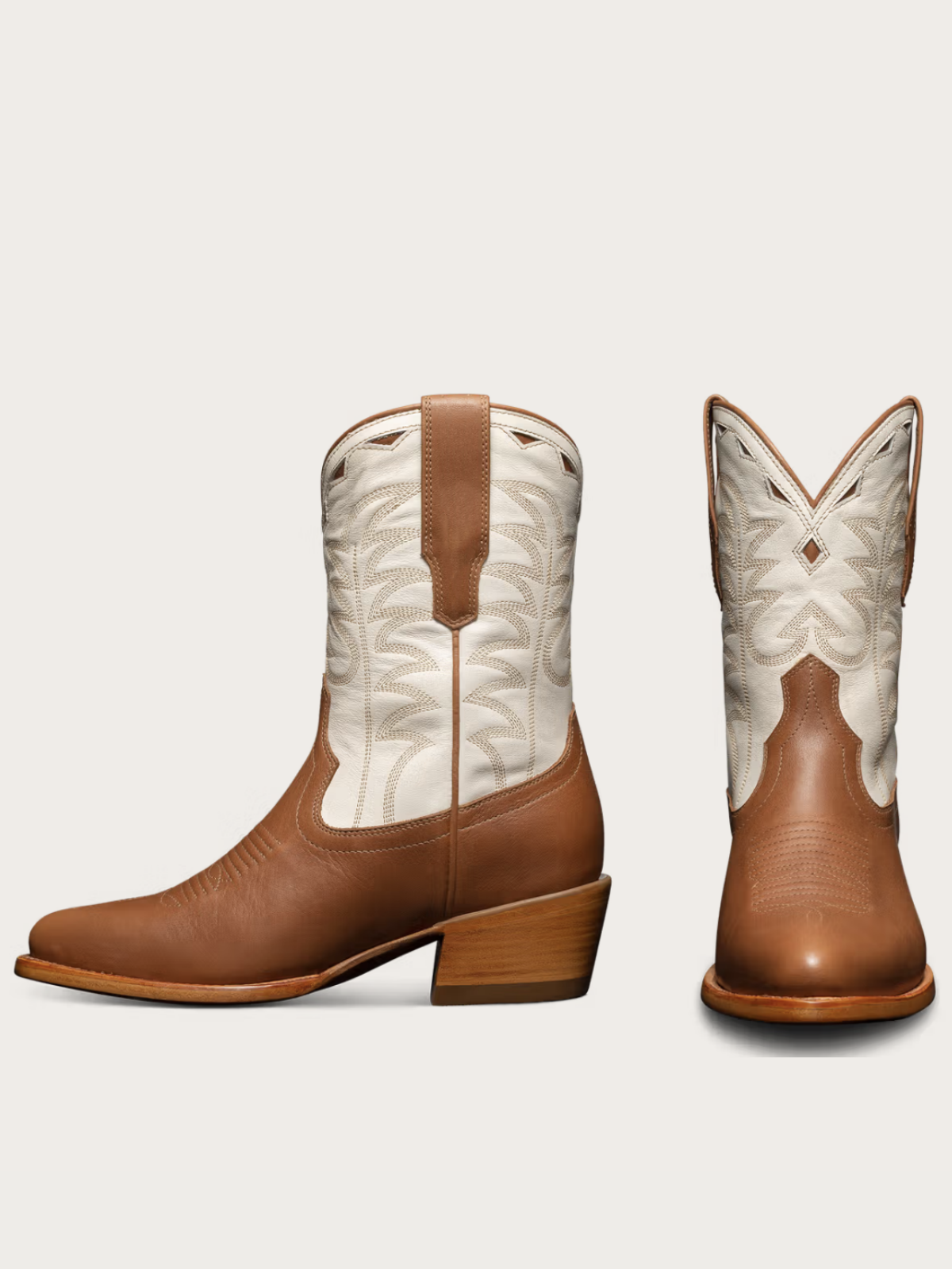 Contrast Caramel And Ivory Almond-Toe Embroidery Inlay Wide Mid Calf Cowgirl Boots