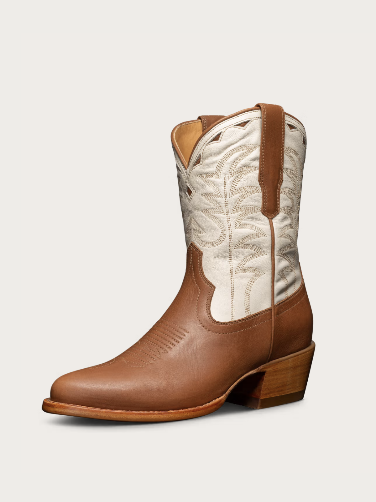 Contrast Caramel And Ivory Almond-Toe Embroidery Inlay Wide Mid Calf Cowgirl Boots