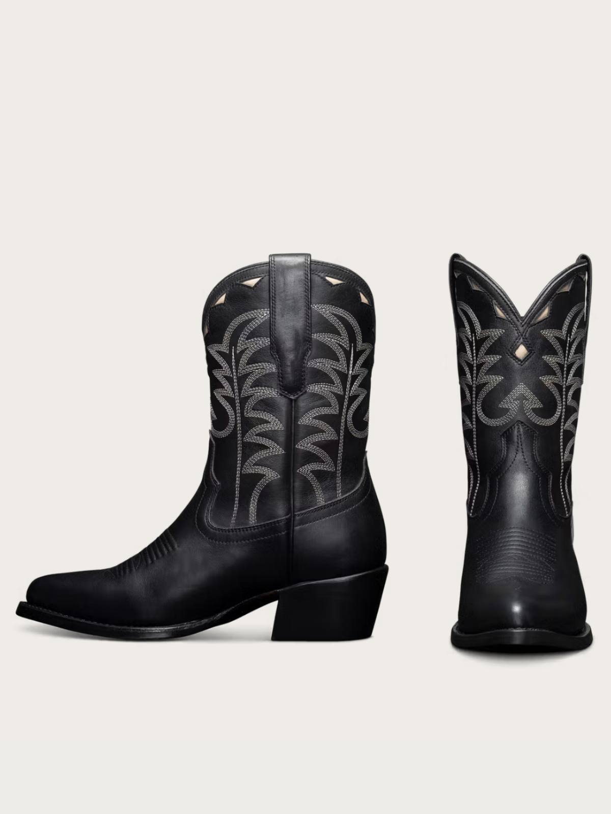 Black Almond-Toe Embroidery Inlay Wide Mid Calf Cowgirl Boots