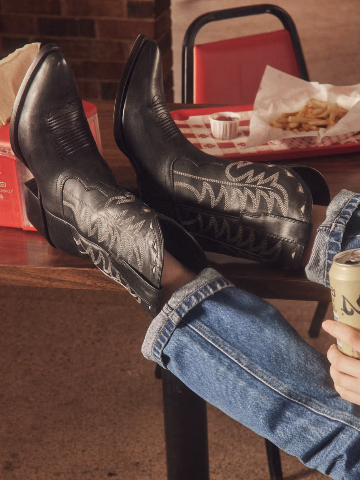 Black Almond-Toe Embroidery Inlay Wide Mid Calf Cowgirl Boots