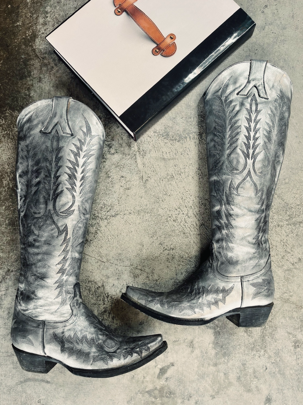 Distressed Metallic Silver Embroidery Snip-Toe Half-Zip Western Boots Knee High Tall Boots