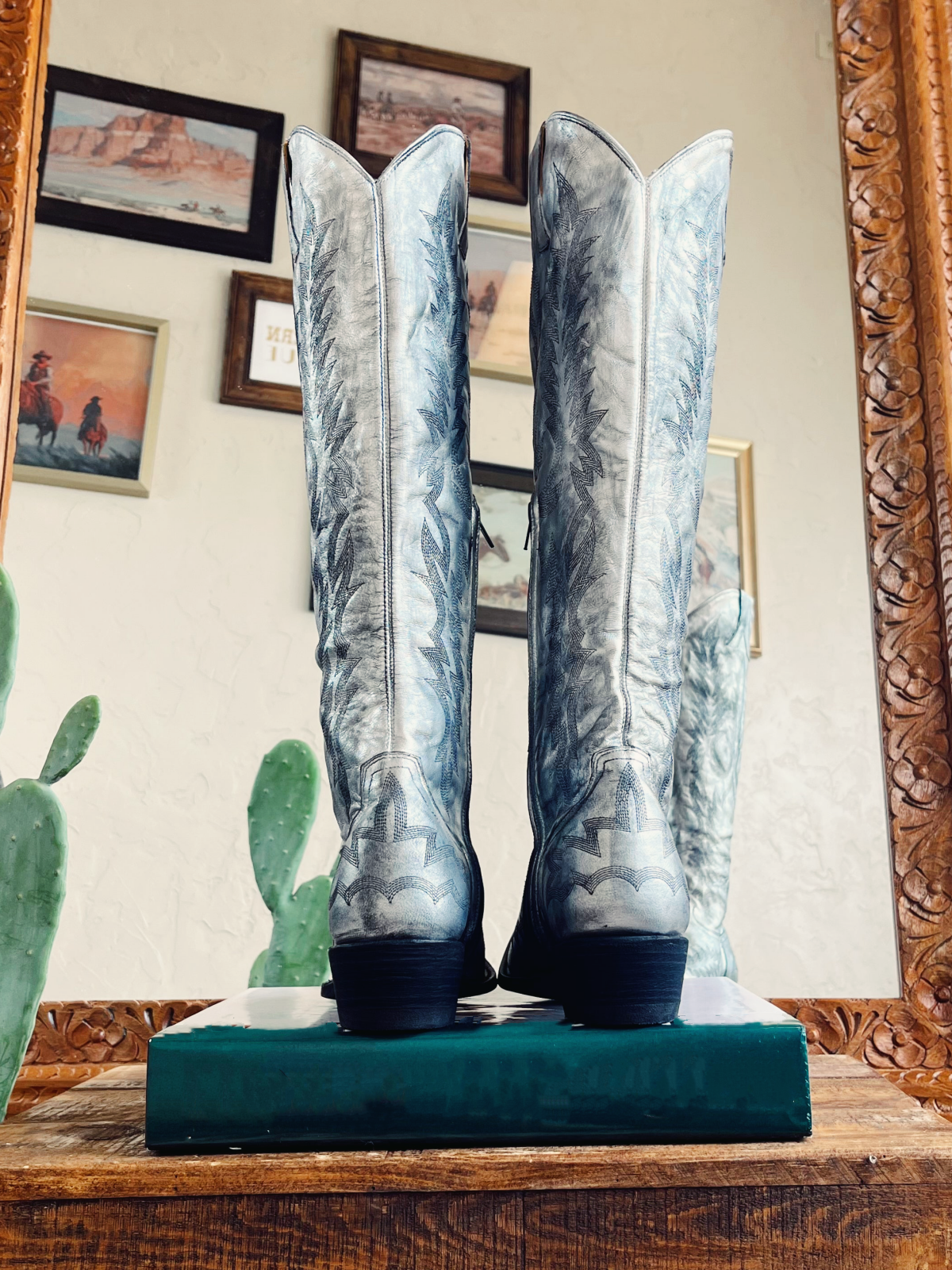 Distressed Metallic Silver Embroidery Snip-Toe Half-Zip Western Boots Knee High Tall Boots