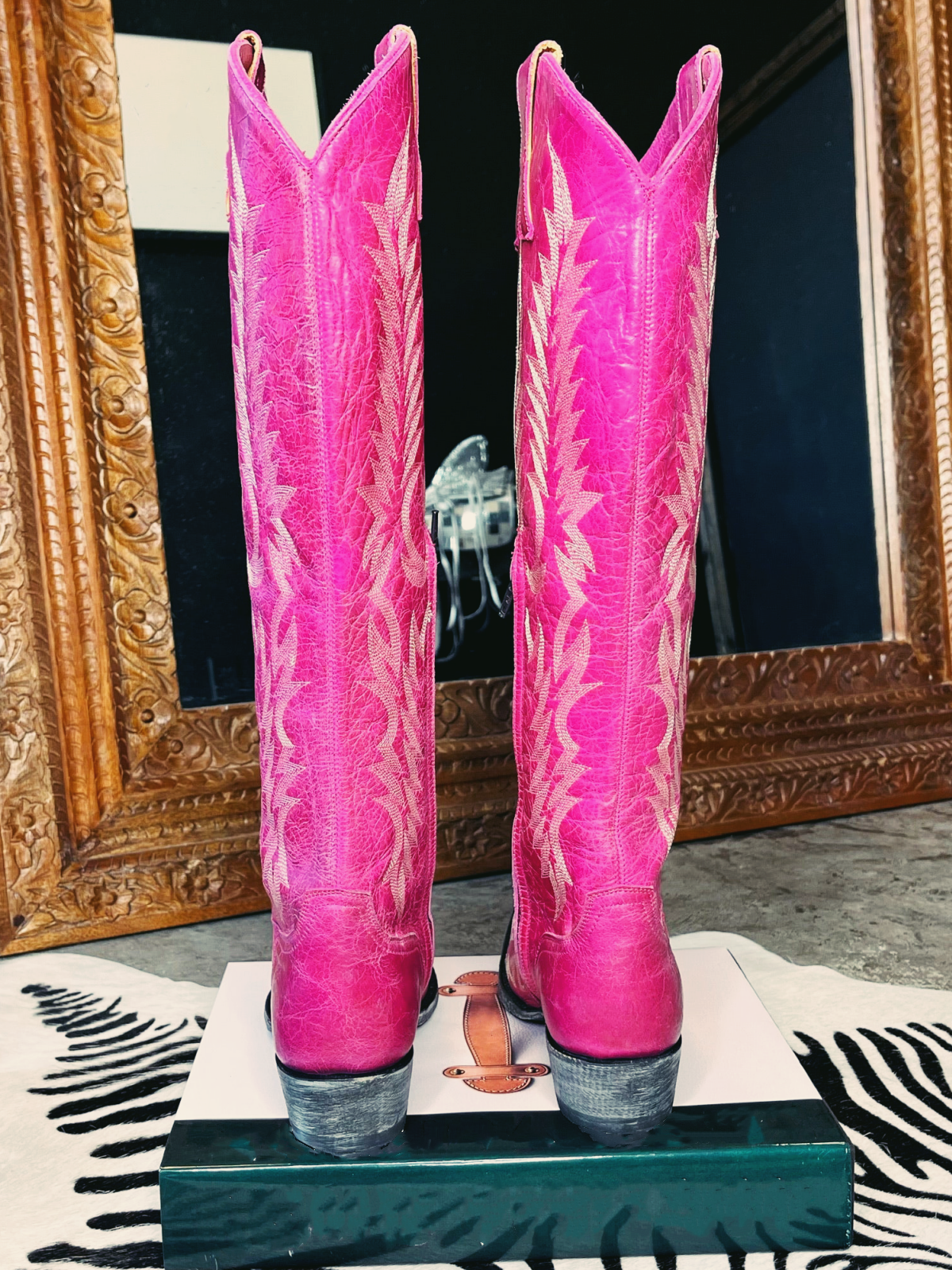 Hot Pink Crinkle Embroidery Snip-Toe Half-Zip Western Boots Knee High Tall Boots