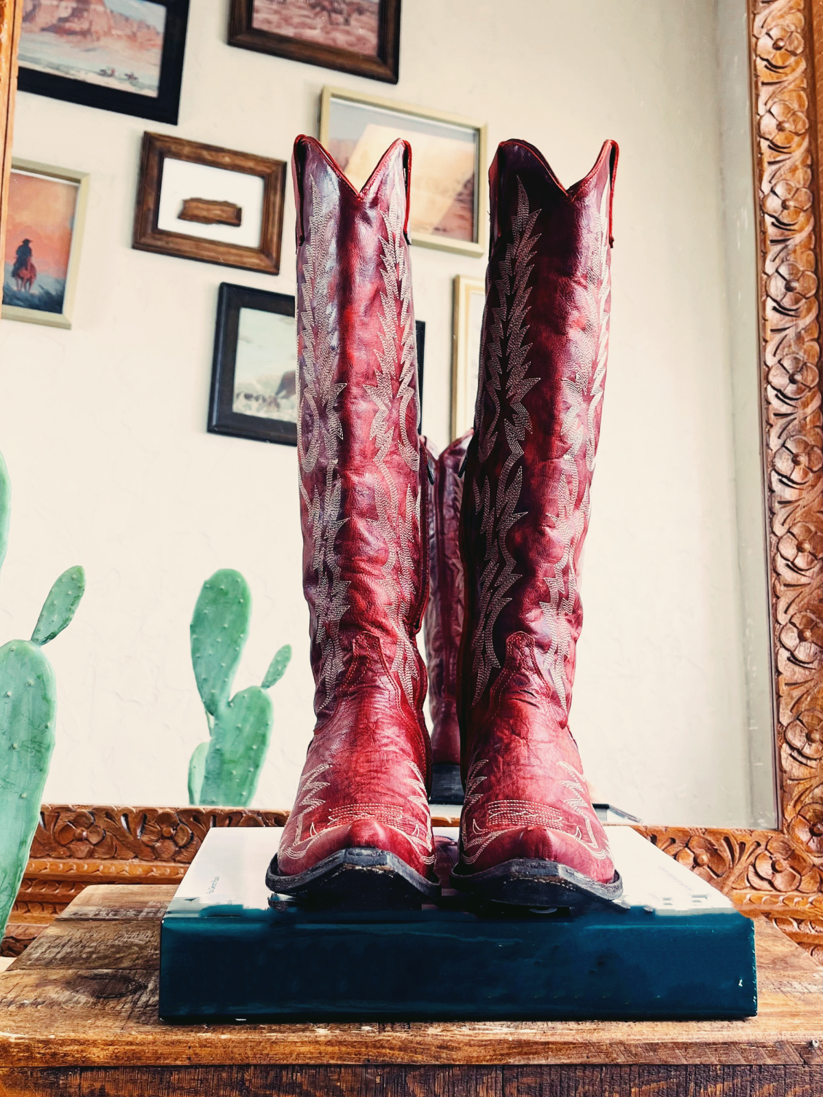 Distressed Red Embroidery Snip-Toe Half-Zip Western Boots Knee High Tall Boots