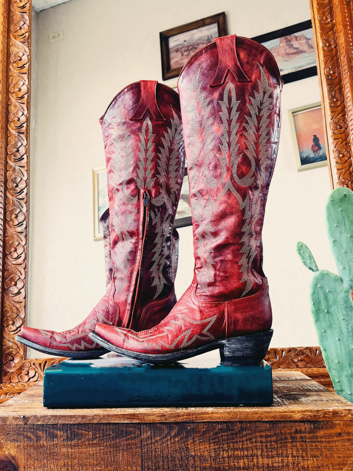 Distressed Red Embroidery Snip-Toe Half-Zip Western Boots Knee High Tall Boots