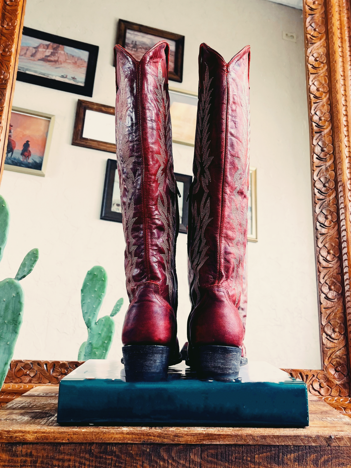 Distressed Red Embroidery Snip-Toe Half-Zip Western Boots Knee High Tall Boots