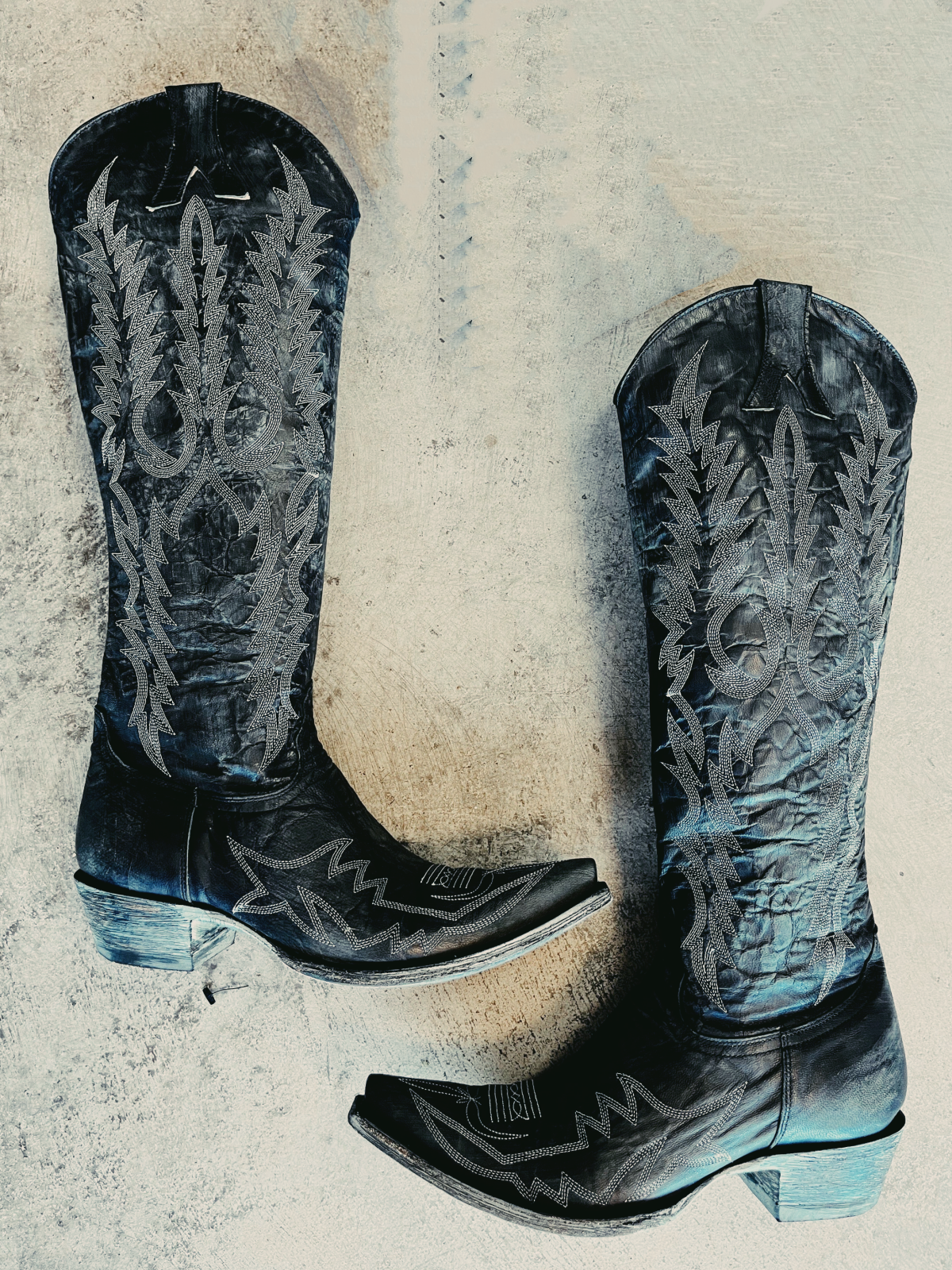 Distressed Black Embroidery Snip-Toe Half-Zip Western Boots Knee High Tall Boots