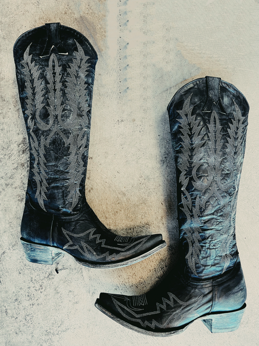 Distressed Black Embroidery Snip-Toe Half-Zip Western Boots Knee High Tall Boots