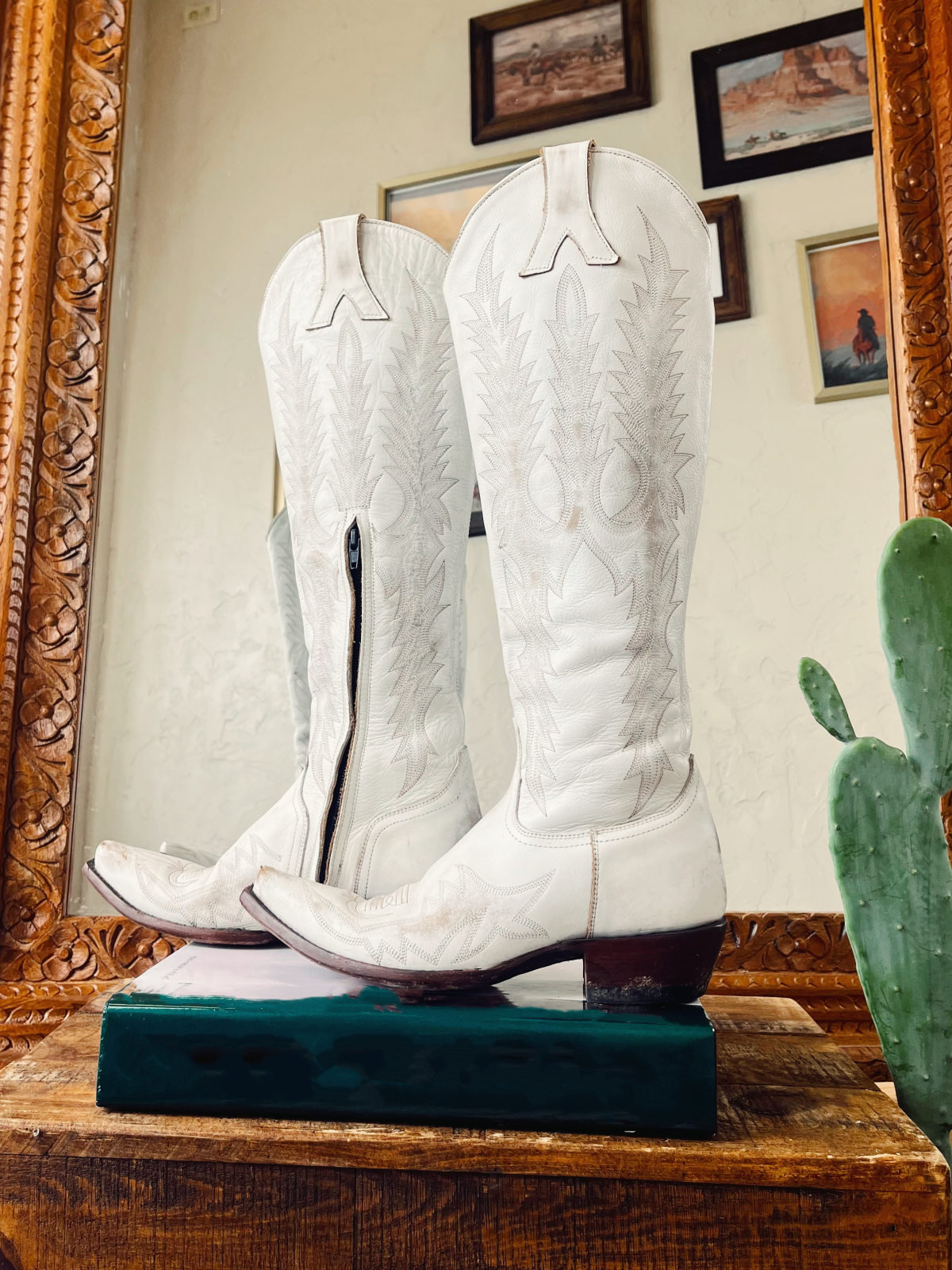 Distressed White Embroidery Snip-Toe Half-Zip Western Boots Knee High Tall Boots