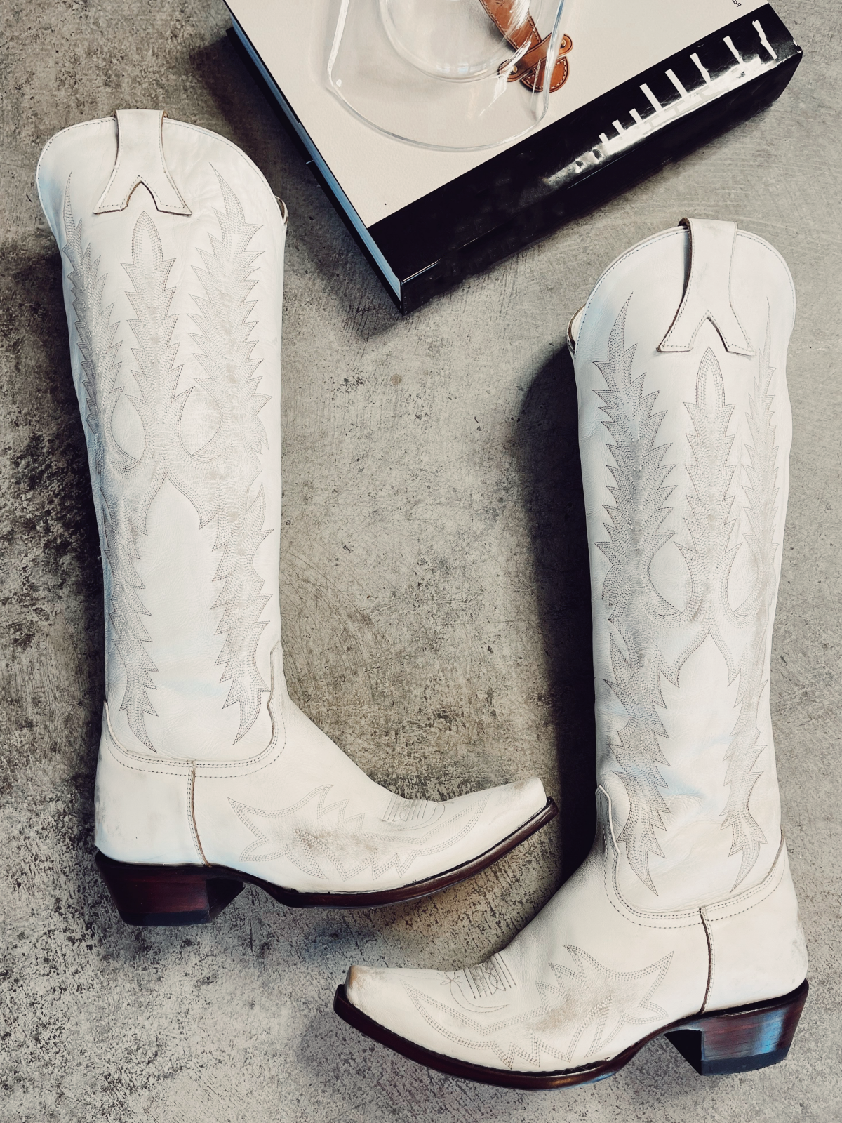 Distressed White Embroidery Snip-Toe Half-Zip Western Boots Knee High Tall Boots