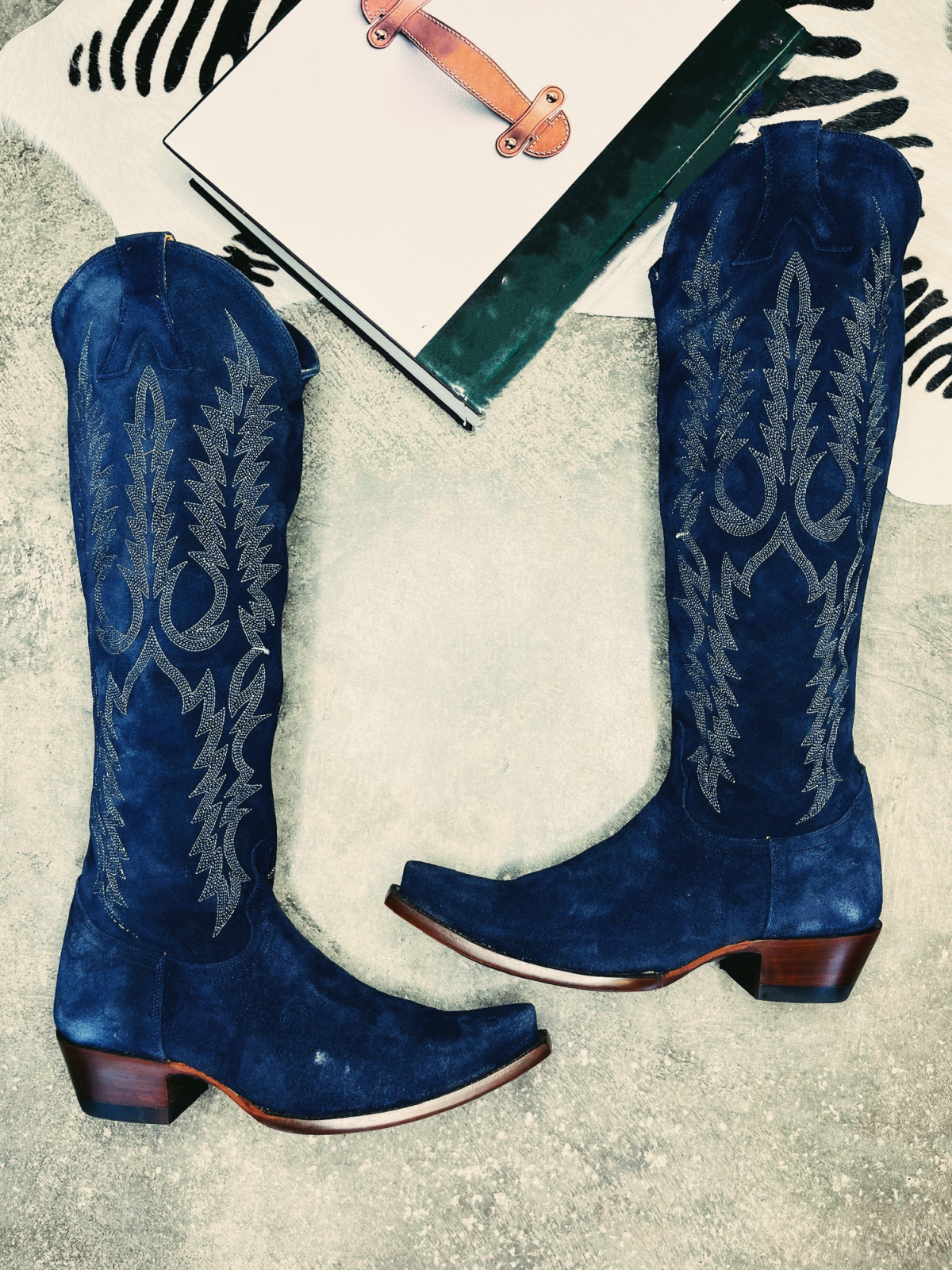 Dark Blue Faux Suede Embroidery Snip-Toe Half-Zip Western Boots Knee High Tall Boots