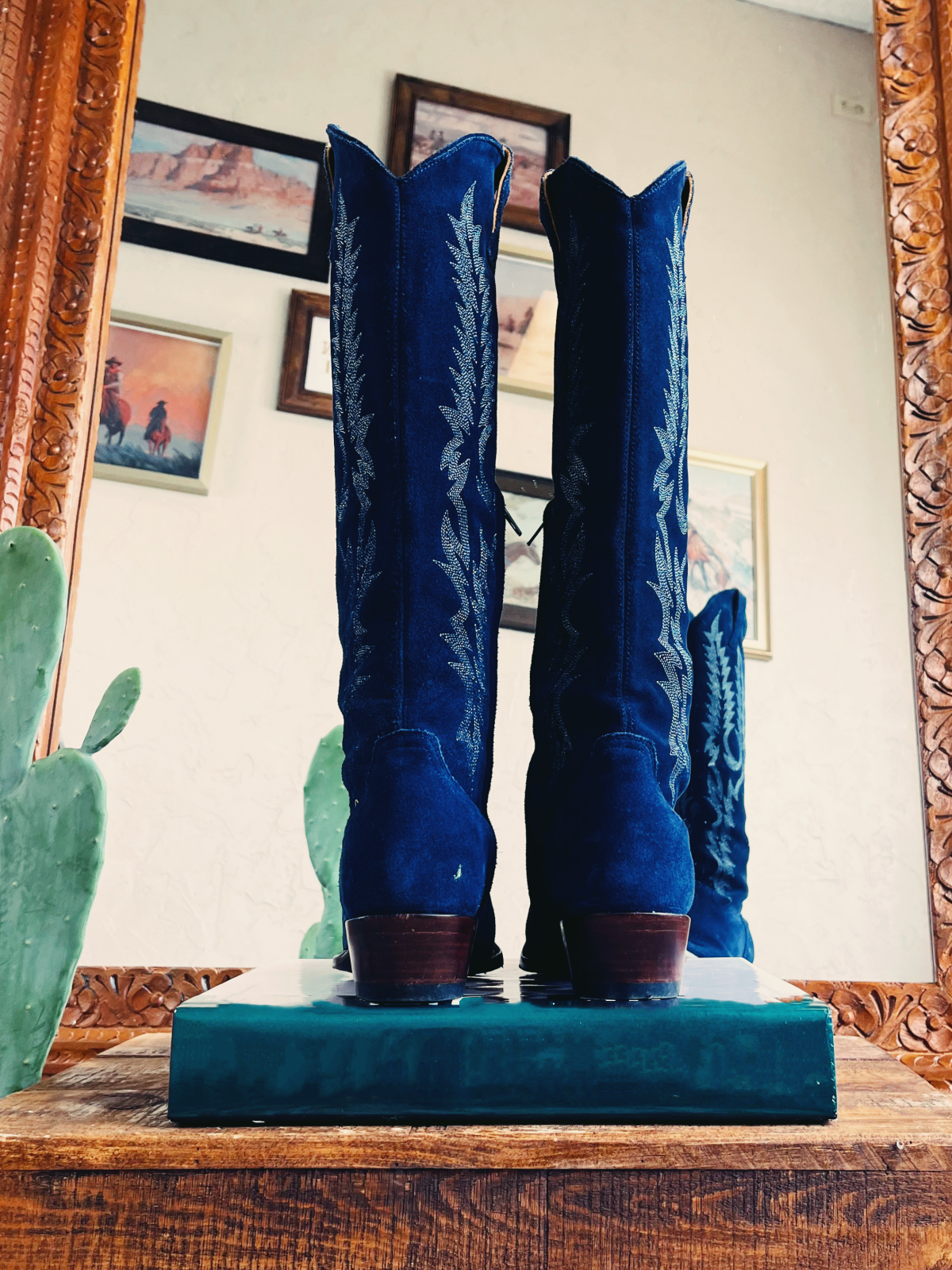 Dark Blue Faux Suede Embroidery Snip-Toe Half-Zip Western Boots Knee High Tall Boots