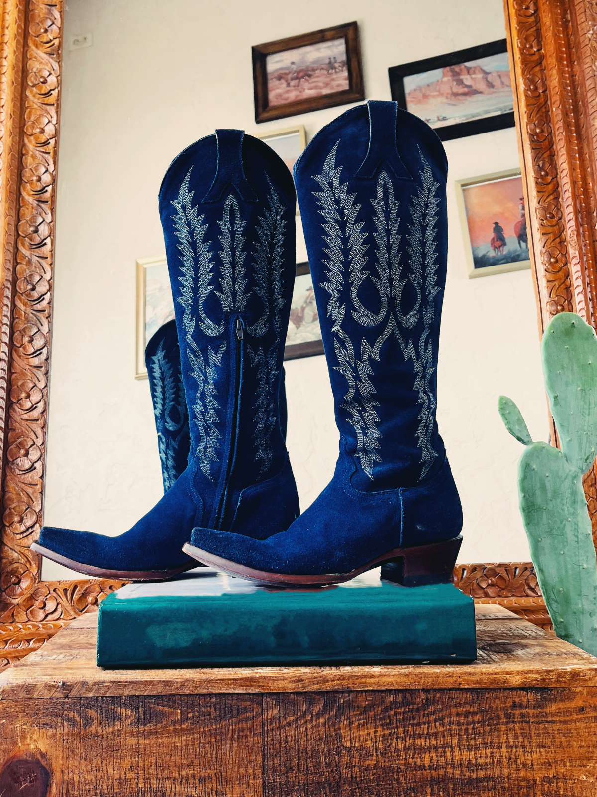 Dark Blue Faux Suede Embroidery Snip-Toe Half-Zip Western Boots Knee High Tall Boots