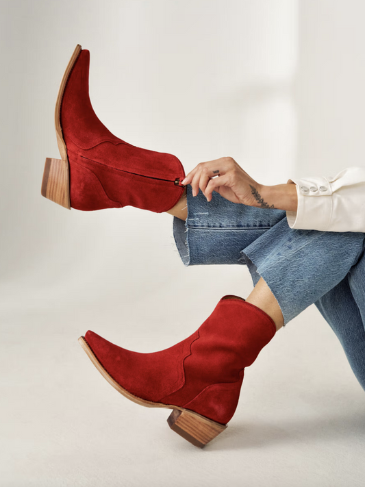 Red Faux Suede Snip-Toe Simple Full-Zip Wide Mid Calf Cowgirl Boots