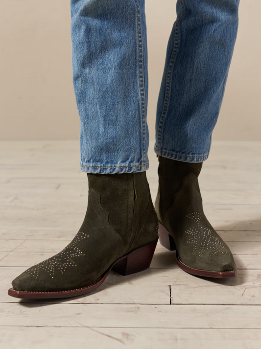 Olive Green Faux Suede Snip-Toe Studded Full-Zip Wide Mid Calf Cowgirl Boots